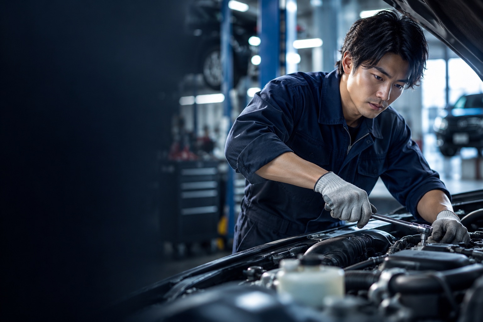 自動車整備工場でエンジンを点検する整備士